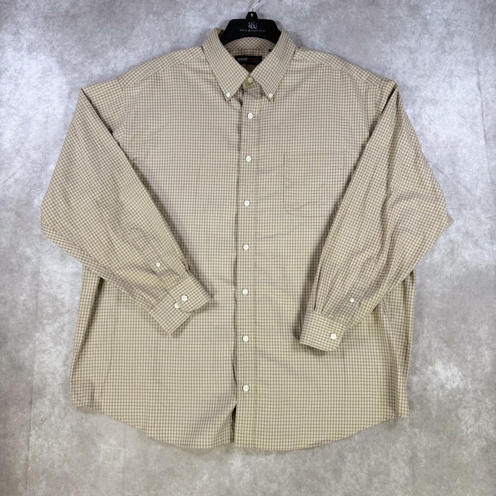 Roundtree Yorke Shirt Men 2XB Beige Check Travel Smart‎ Long Sleeve Button Down